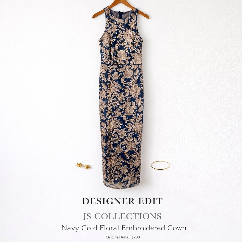 JS Collections Navy Gold Floral Embroidered Mesh Formal Gown Size 6